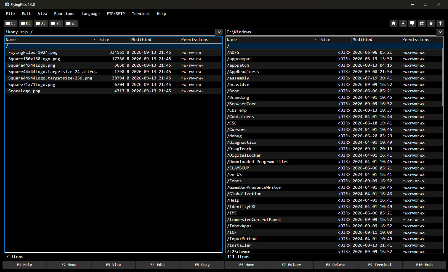 A ZIP archive open in the left panel like an ordinary folder